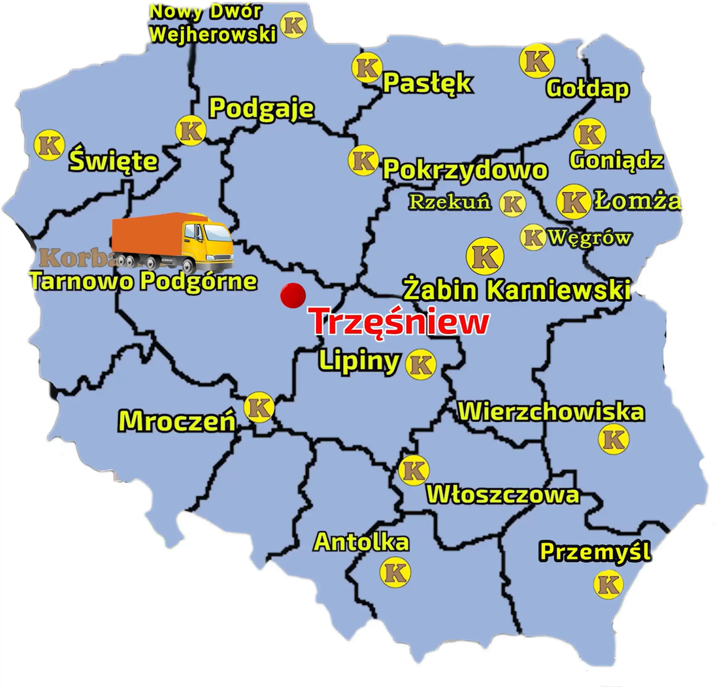 Sieć firmy Korbanek skłąda się z wielu pkt sprzedaży na terenie Polski Mapa z zaznaczonymi punktami sprzedaży sieci Korbanek na terenie Polski