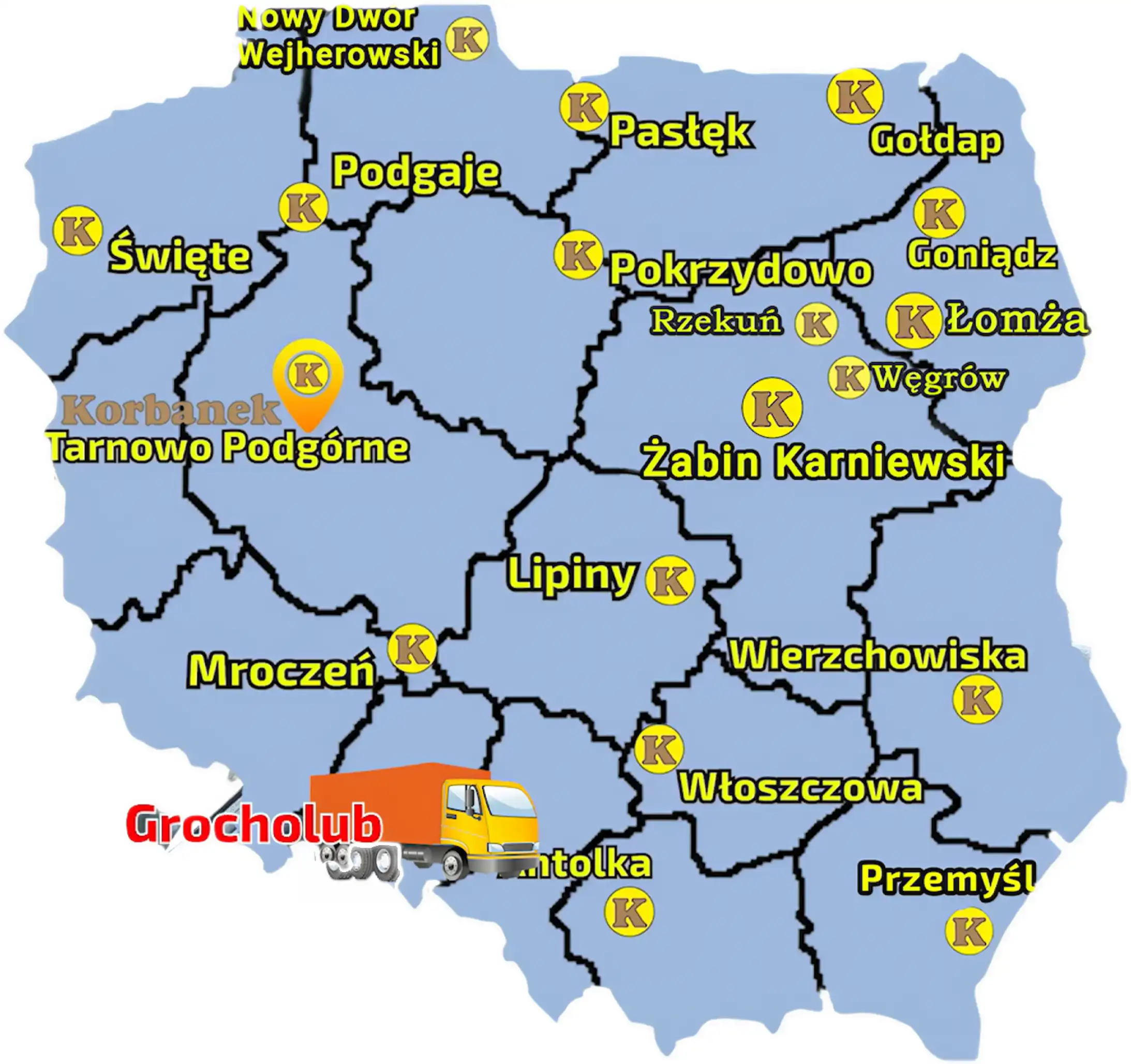 Sieć Korbanek składa się z wielu punktów sprzedazy na terenie Polski, co widać na tej mapie Mapa z zaznaczonymi punktami sprzedaży sieci Korbanek i miejscowością, gdzie do Klienta została dostarczona przyczepa Bergmann