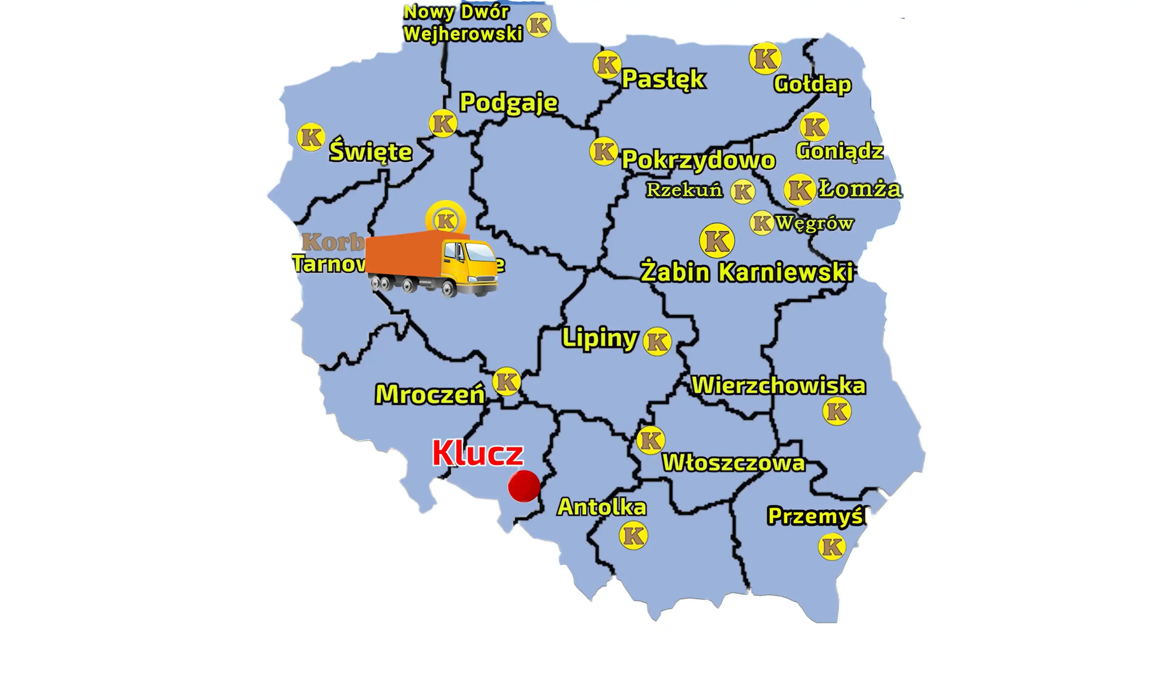 Sieć sprzedaży firmy Korbanek składa się z wielu pkt co widać na tej mapie Mapa z zaznaczonymi pkt sprzedaży Korbanek i miejscowością, gdzie została dostarczona prasa