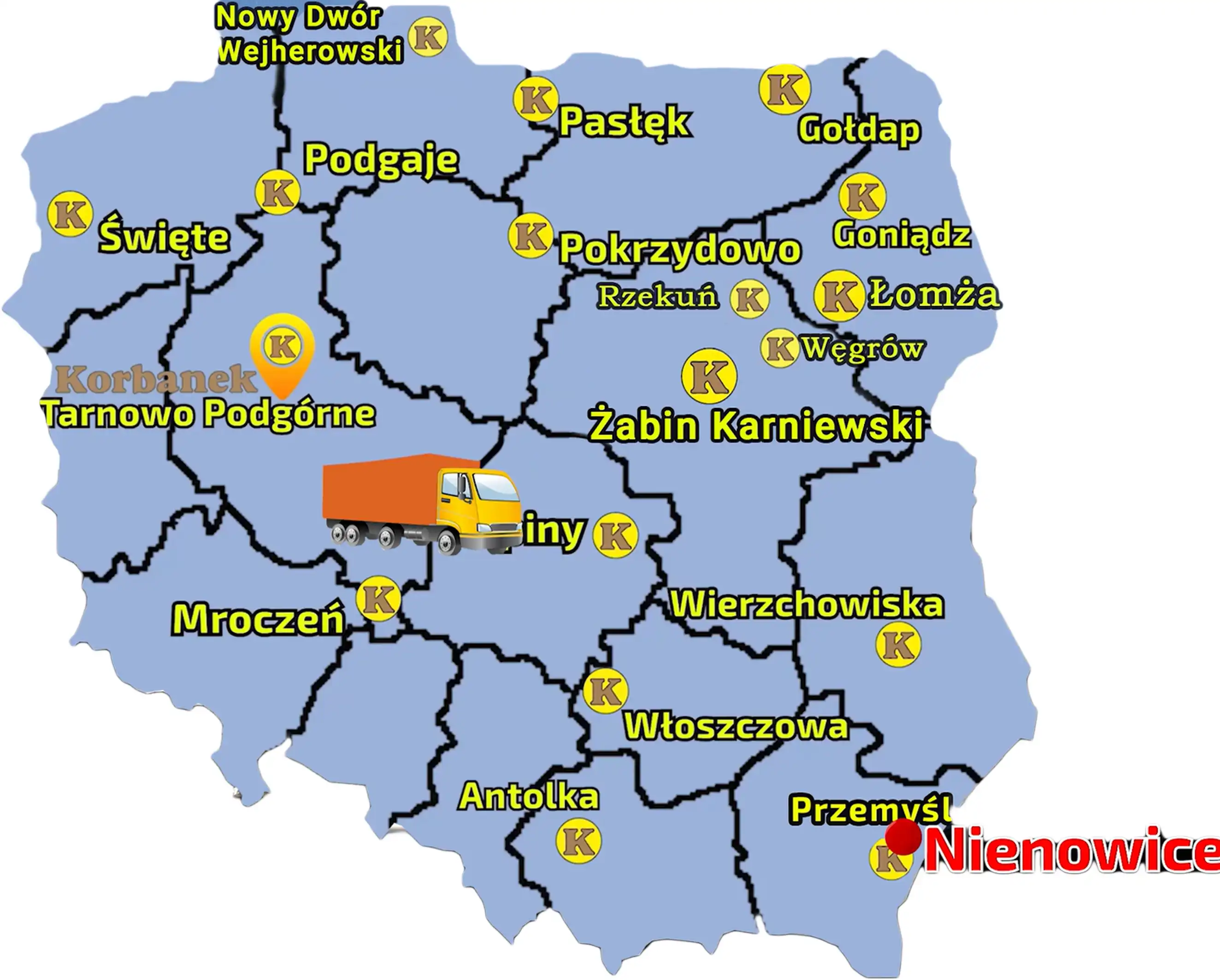 Mapa Polski z zaznaczoną miejscowością , gdzie do Klienta zostałą dostarczona przystawka Capello