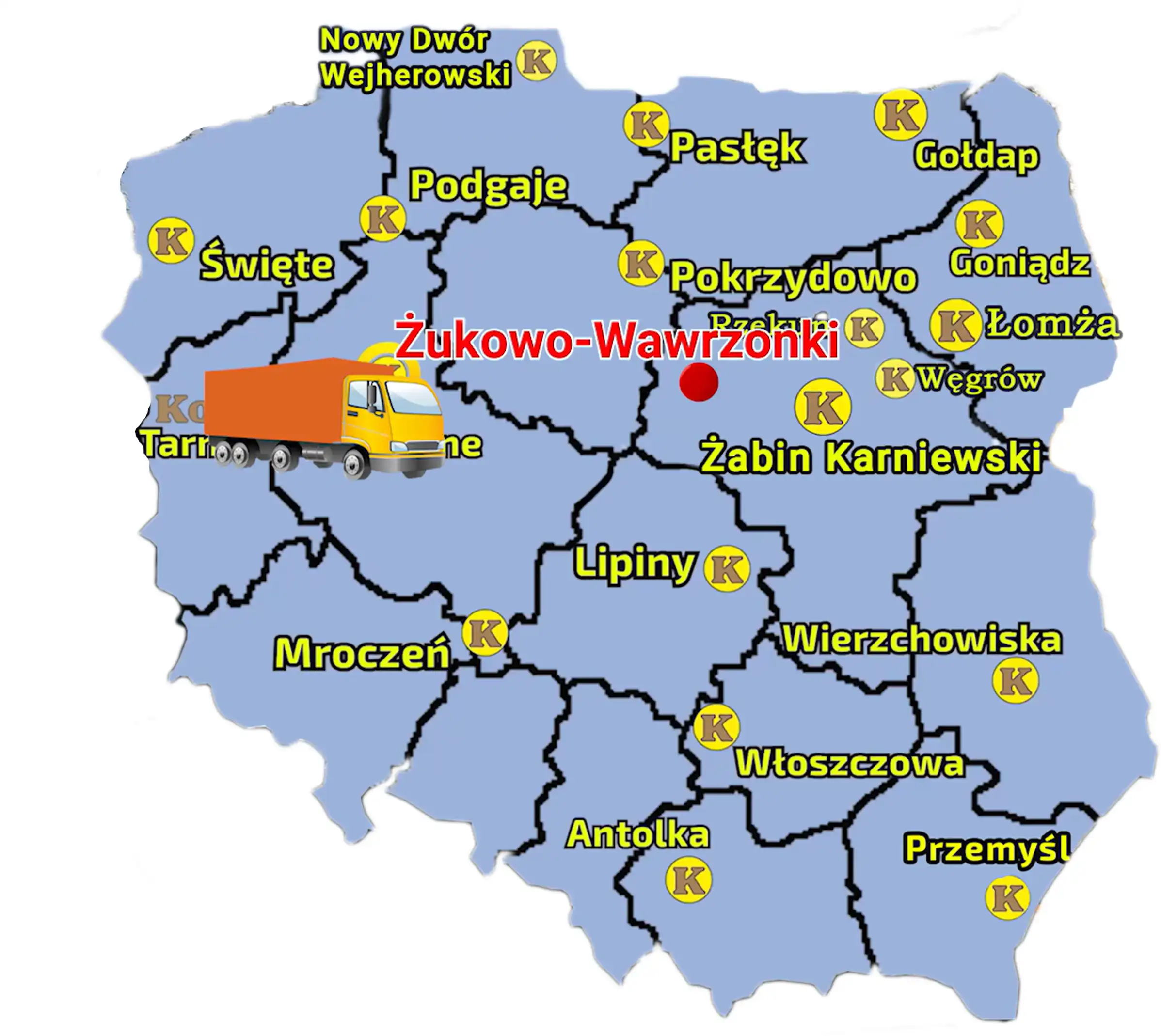 Mapa przedstawiająca sieć sprzedaży Korbanek w Polsce i zaznaczoną miejscowość , gdzie do Klienta została dostarczona przystawka Kemper
