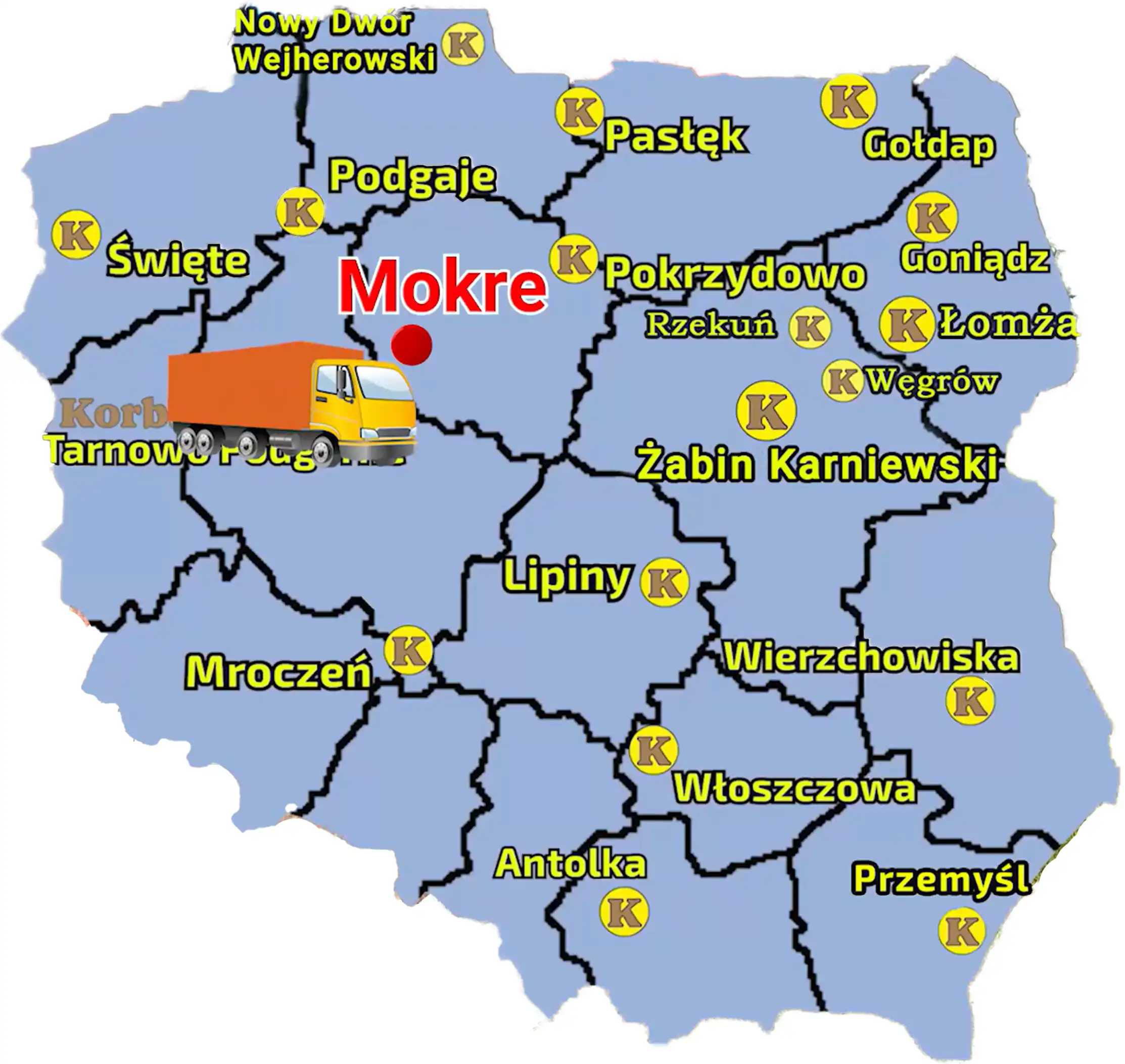 Mapa przedstawijąca sieć sprzedaży Korbanek w Polsce i miejscowośc, gdzie do Klienta zosyała dostarczona prasa Maschio