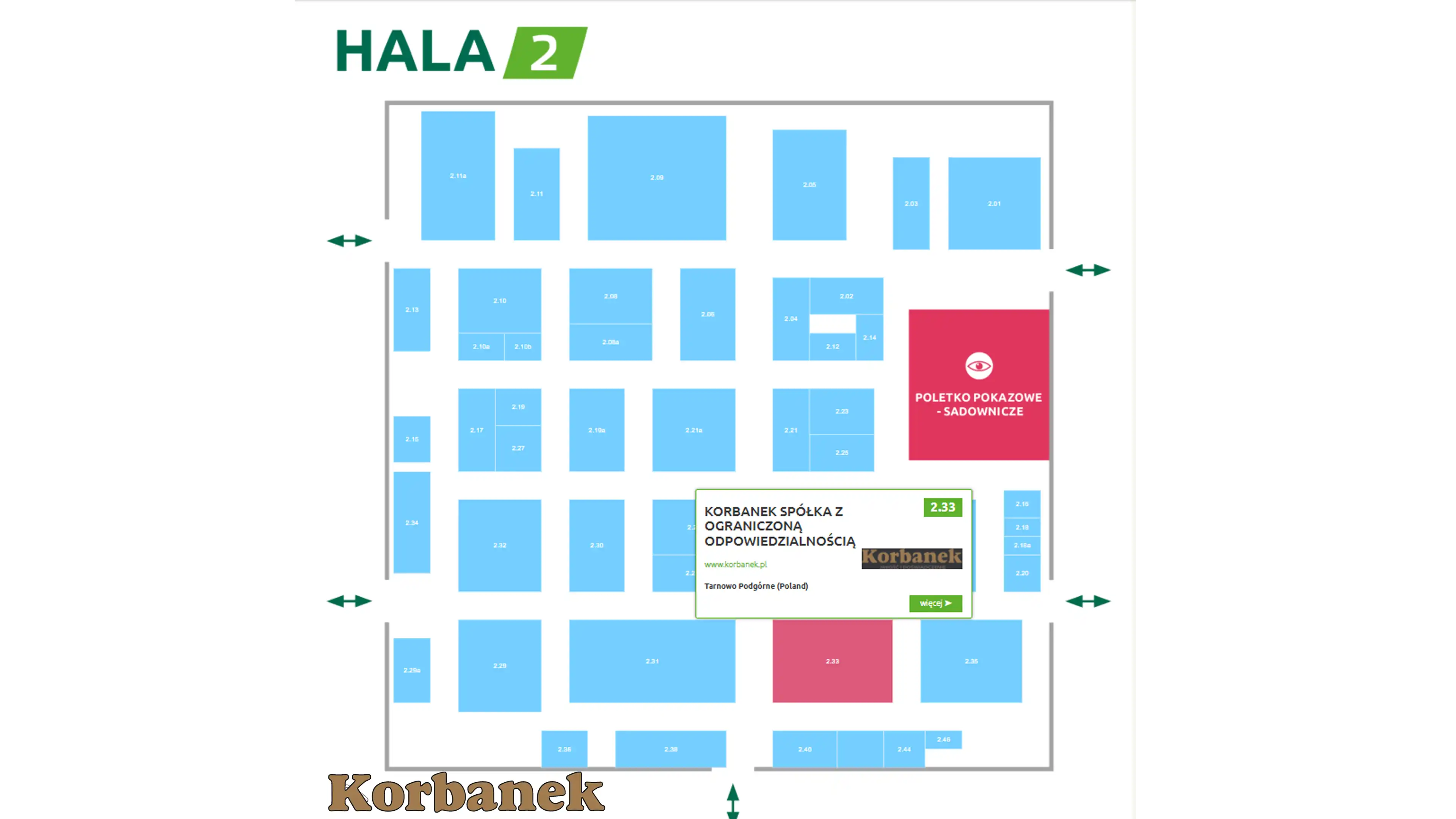 Mapa hali 2 z zaznaczonym stoiskiem 2.33 Korbanek