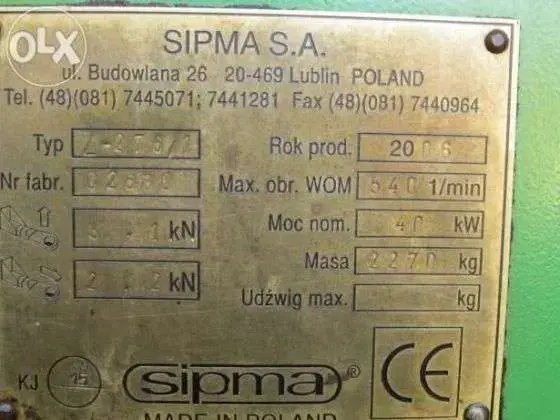 tabliczka prasa zwijająca Sipma z 276/1 rok produkcji 2006 tabliczka znamionowa prasa zwijająca Sipma z 276/1 rok produkcji 2006 używana