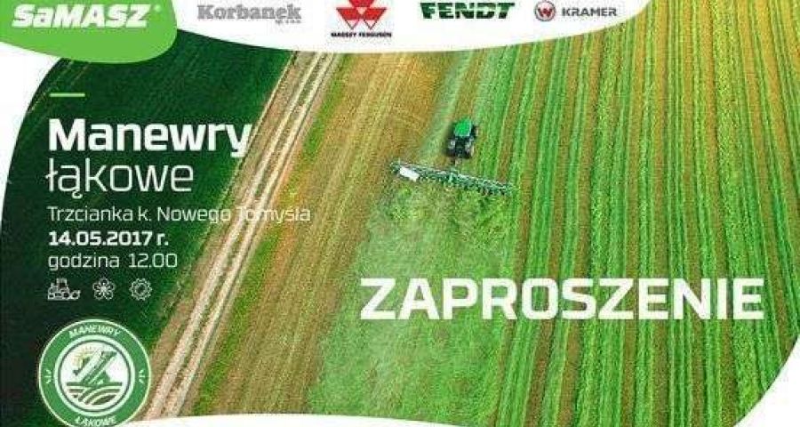 Zaproszenie na manewry łąkowe firmy Samasz i Korbanek w Trzciance widok z lotu ptaka ciągnika z  przetrząsaczem