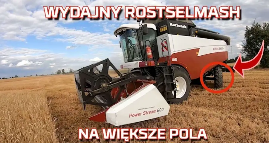 Tapeta wydajnego kombajnu zbożowego Rostselmash Acros podczas żniw 2019 od Korbanek na polu zboża