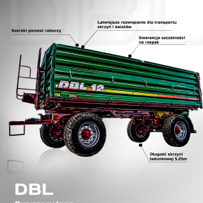 Przyczepa rolnicza DBL 12, dwuosiowa o ładowności 12 ton, trójstronny obrót
