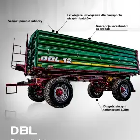 Przyczepa rolnicza DBL 12, dwuosiowa o ładowności 12 ton, trójstronny obrót