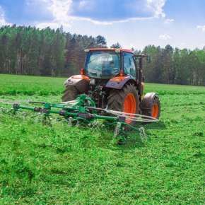 Czerwony ciągnik rolniczy Kubota z przetrząsaczem zawieszanym P4-531 firmy SaMASZ przetrząsa koniczynę www.korbanek.pl