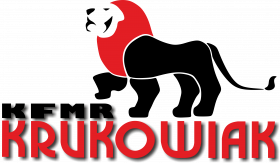 logo KFMR Krukowiak - napis i lew, czerwono-czarna kolorystyka