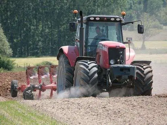 Ciągnik Massey Ferguson z pługiem podczas prac uprawowych