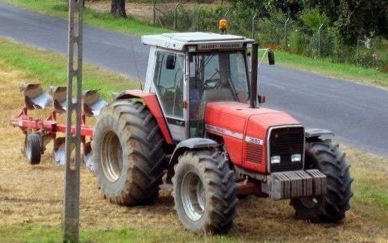 Używany Ciągnik rolniczy MASSEY FERGUSON 3680 1989 r zdjęcie z prawego przodu z pługiem obrotowym