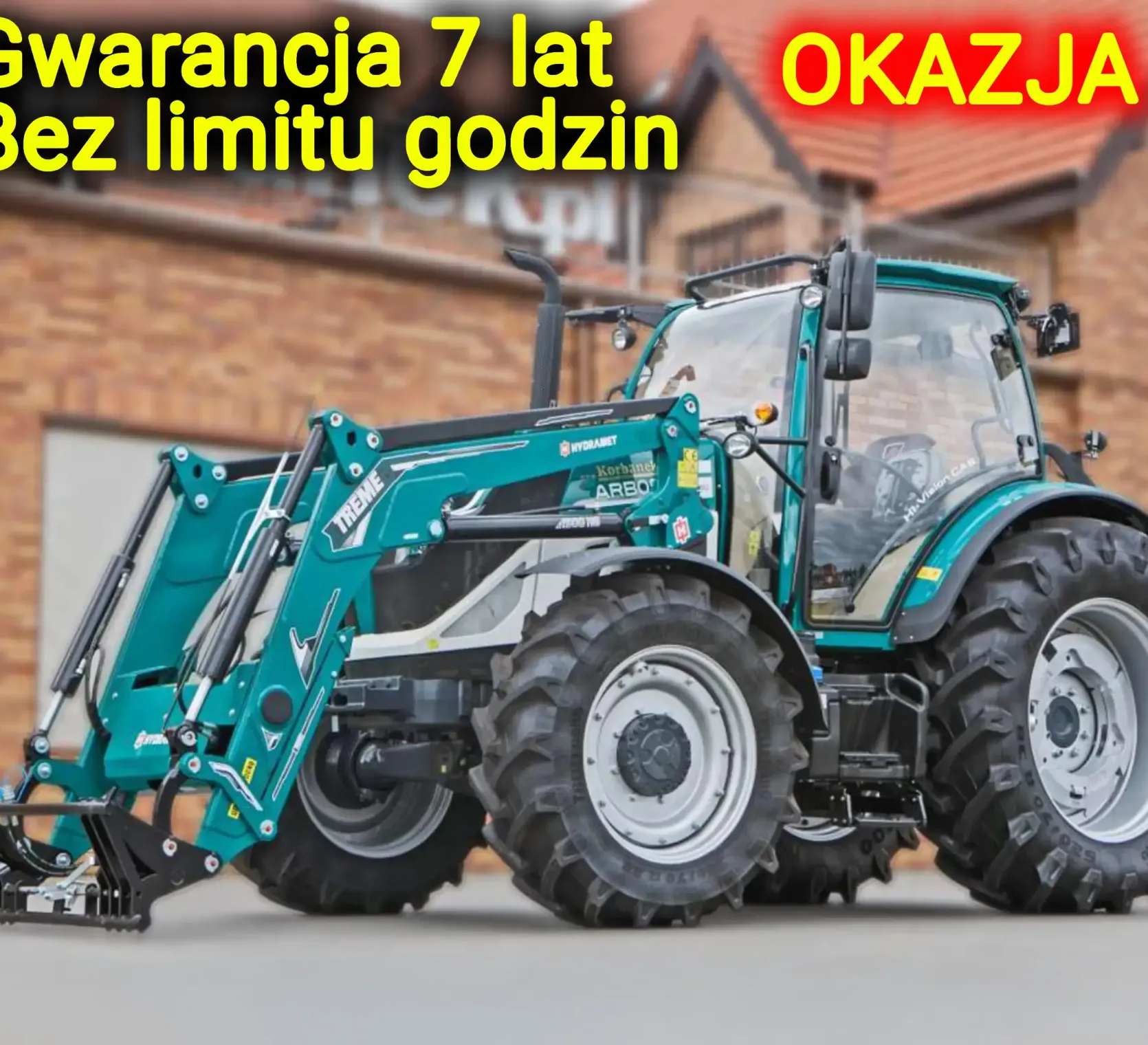 Ciągnik rolniczy Arbos 5130 z ładowaczem widok przodu z lewej strony