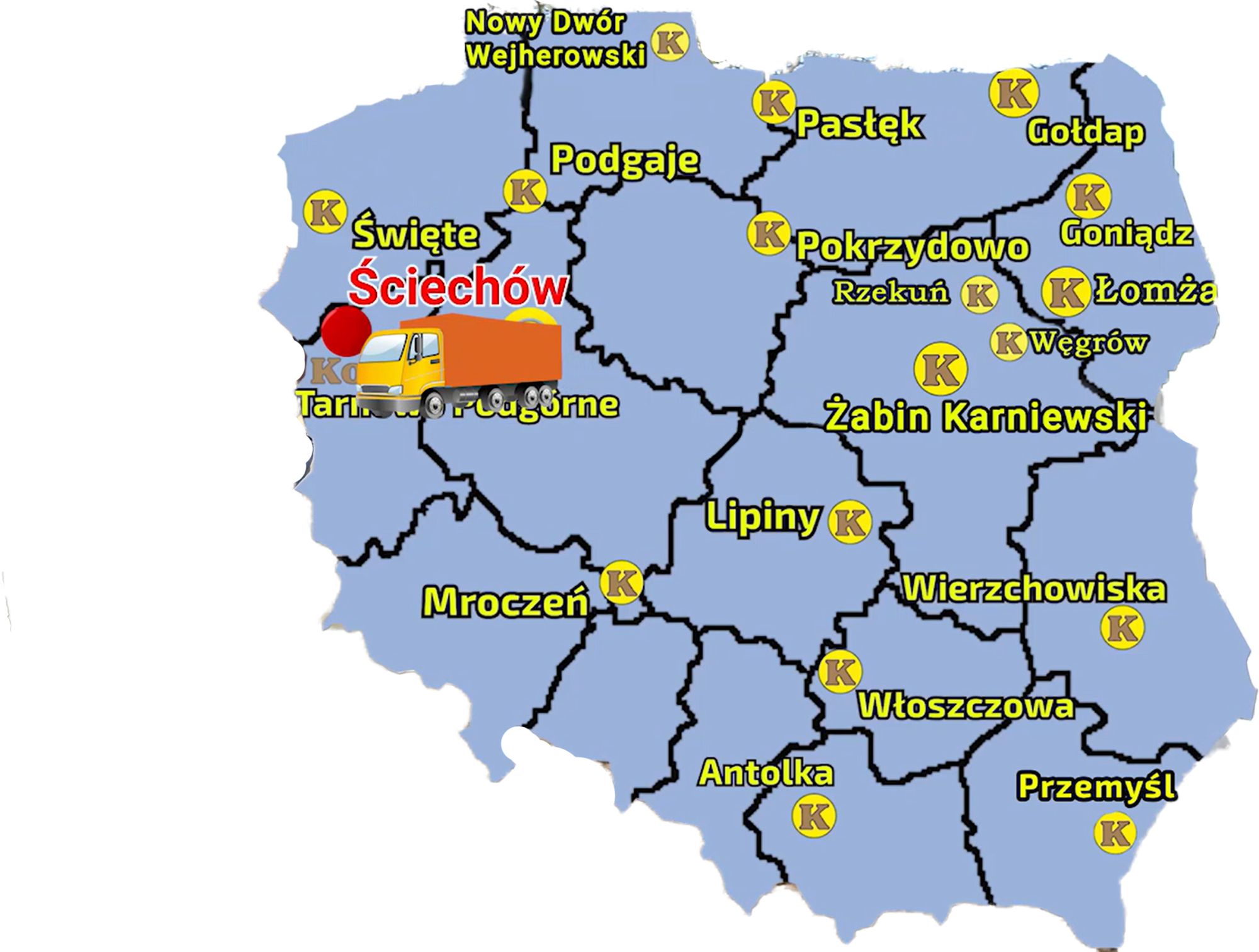 Mapa zawierająca punkty sprzedaży Korbanek i zaznaczoną miejscowośc, gdzie do Klienta została dostarczona owijarka McHale