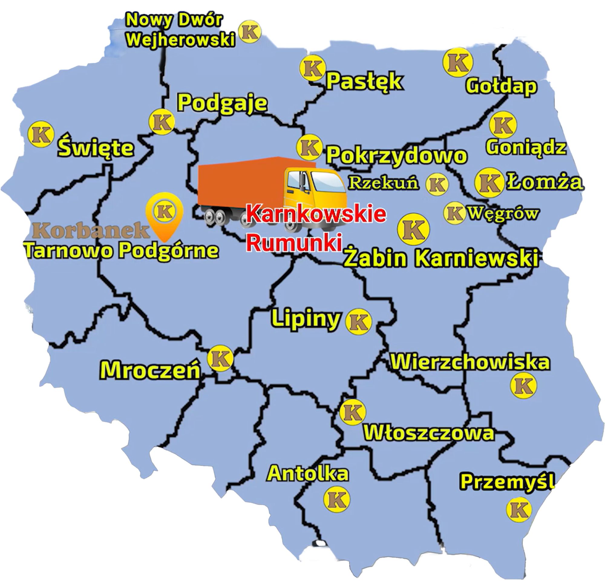 Mapa zawierająca punkty sprzedaży sieci Korbanek i nazwę miejscowości, gdzie do Klienta nastąpiła dostawa rozrzutnika