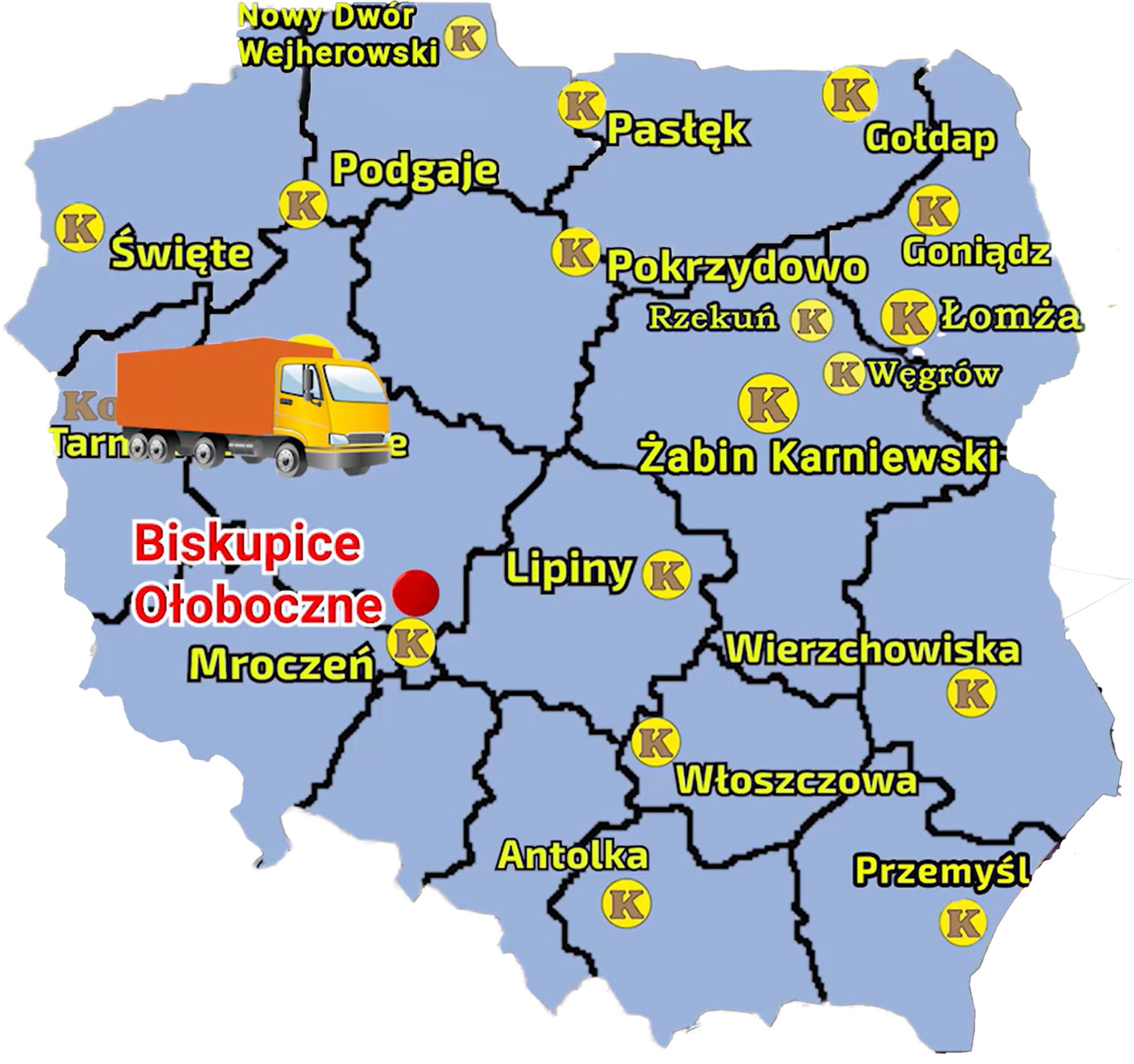 Mapa ukazująca punkty sprzedaży sieci Korbanek i miejscowość , gdzie do Klienta zostal dostarczony ciągnik Arbos 4090