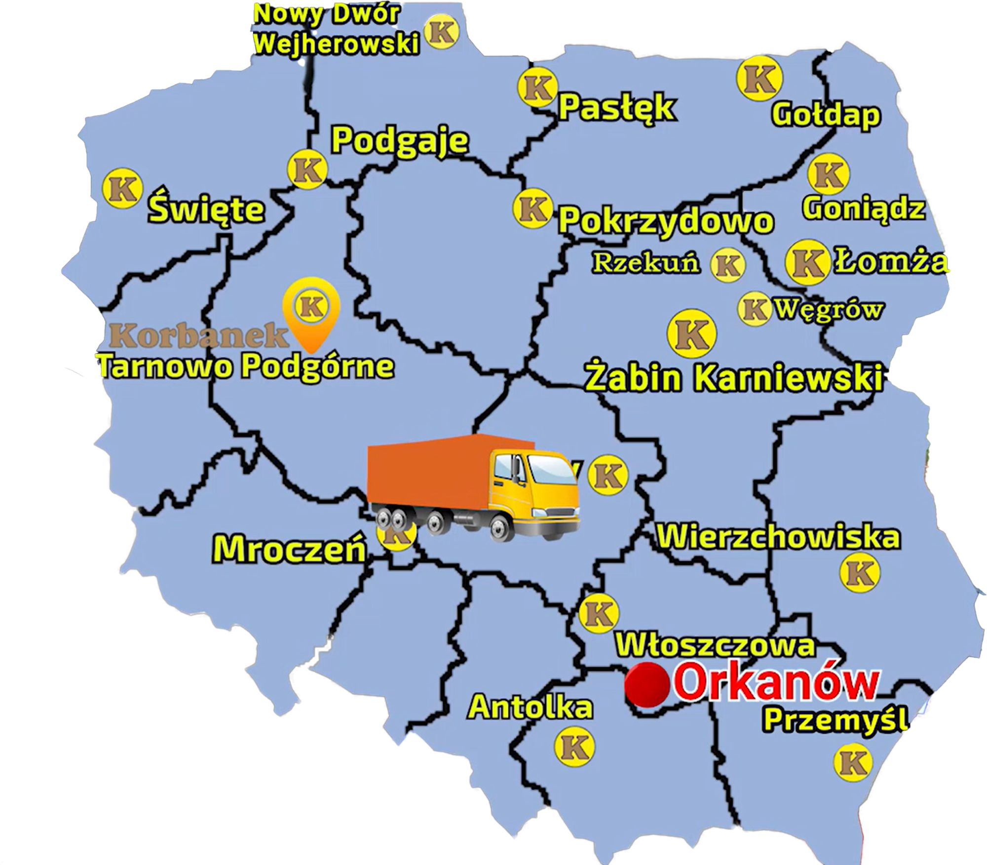 Mapa ukazująca punkty sprzedaży sieci Korbanek w Polsce i miejscowość, gdzie do Klienta została dostarczona przyczepa