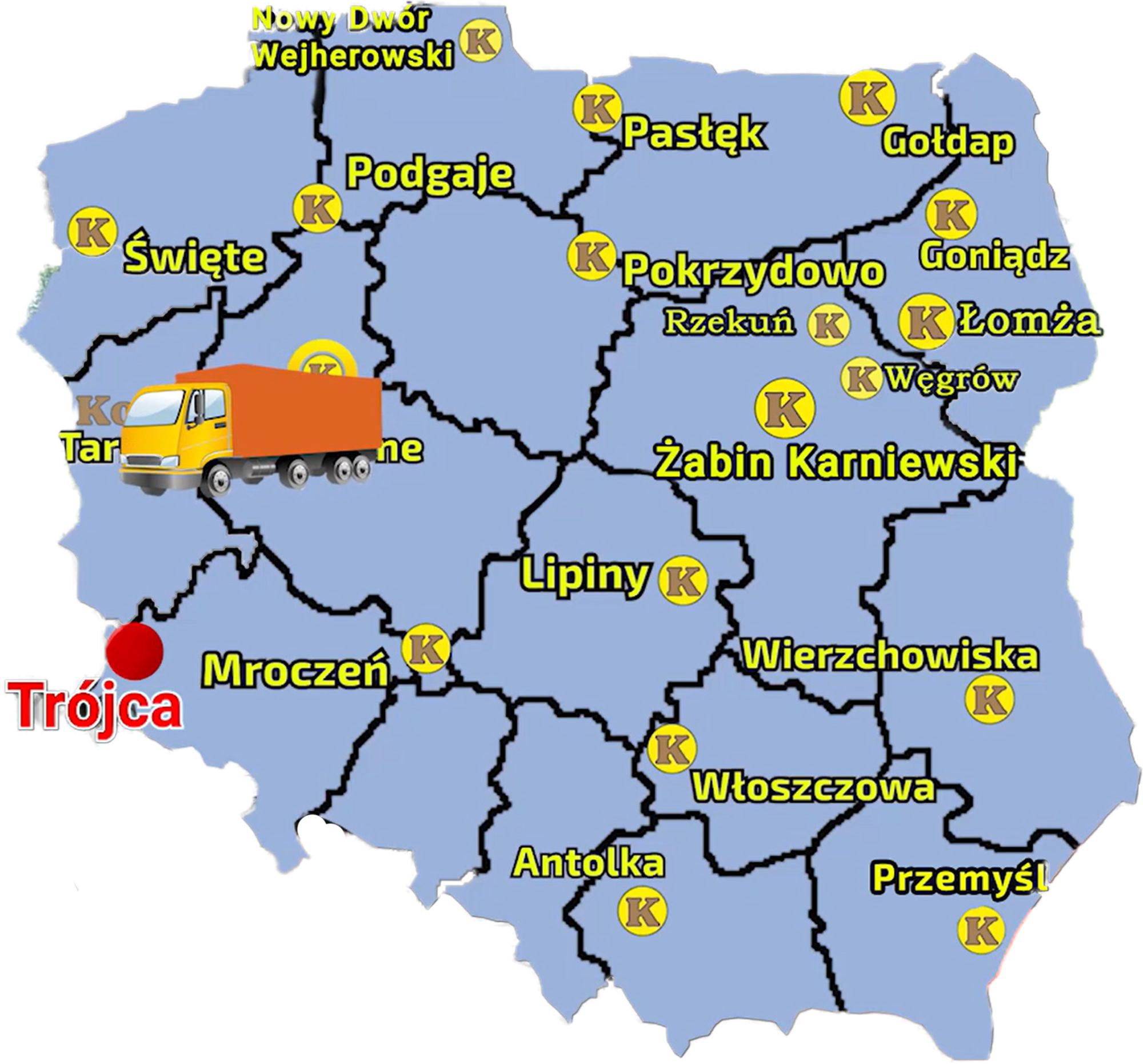 Mapa ukazująca sieć sprzedaży firmy Korbanek w Polsce i miejscowośc gdzie do Klienta zostala dostarczona prasa McHale v6 750