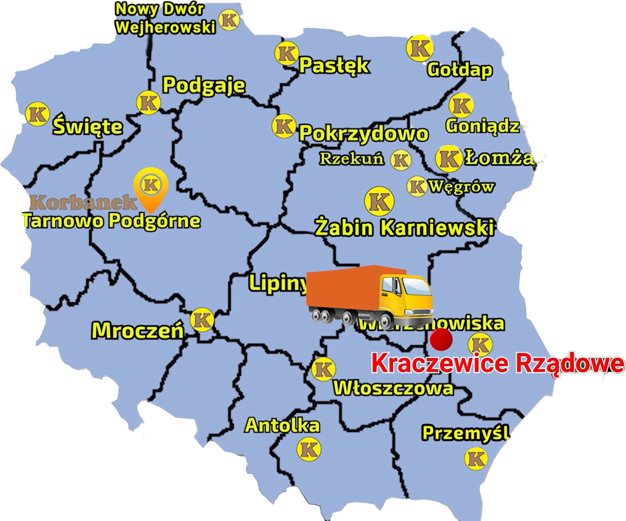 Mapa ukazująca punkty sprzedaży Korbanek i miejscowość, gdzie do Klienta został dostarczony ciągnik Arbos 3055