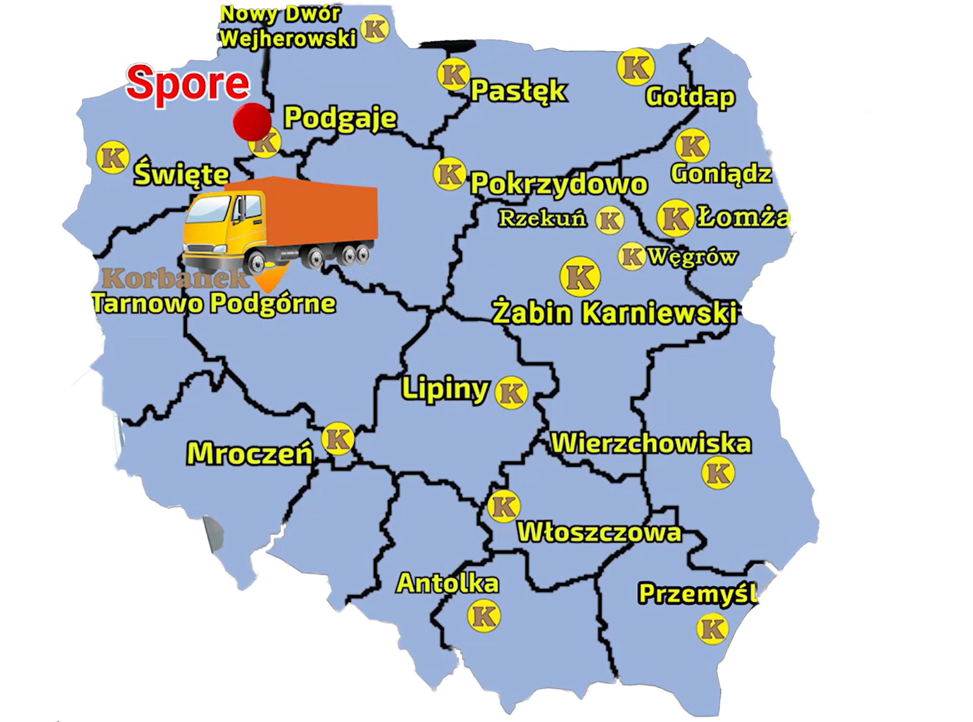 Mapa ukazująca punkty sprzedaży sieci Korbanek i miejscowość, gdzie do Klienta została dostarczona przyczepa