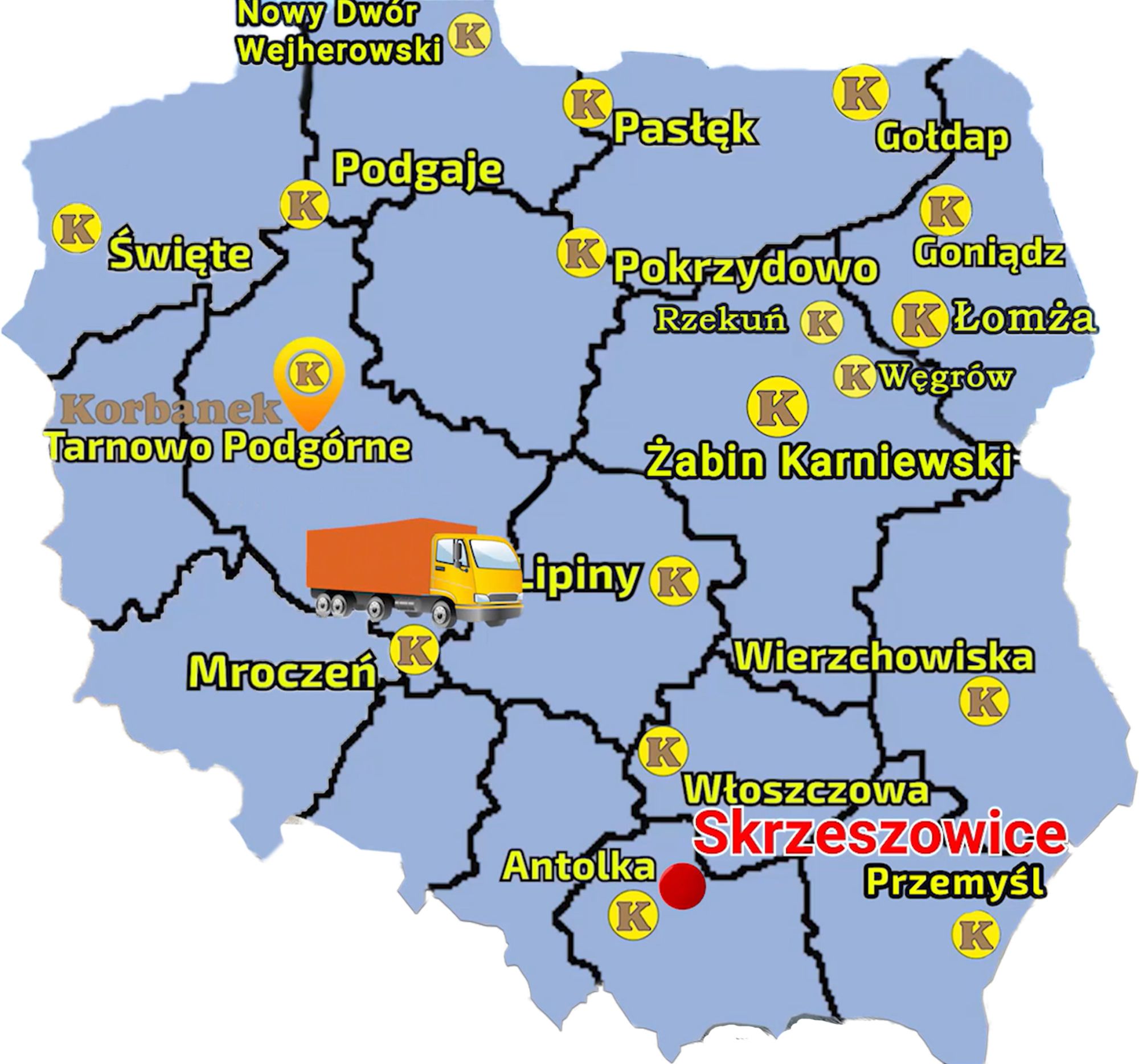 Mapa przedstawiajaca punkty sprzedaży w sieci Korbanek i miejscowość, gdzie do Klienta została dostarczona przyczepa Metal-Fach