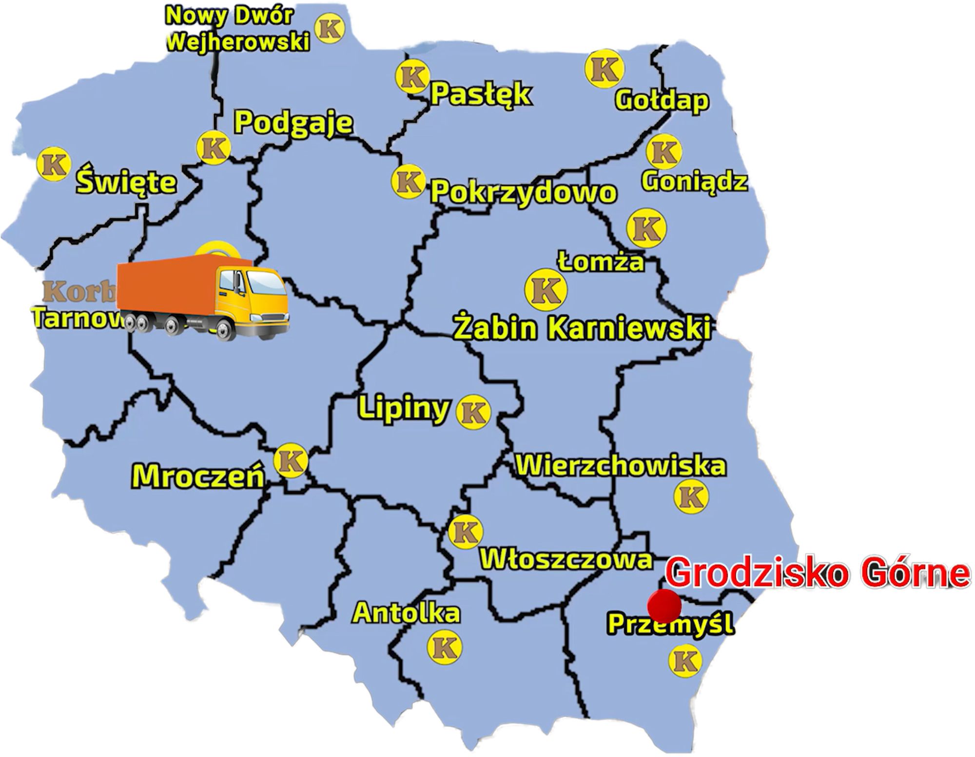 Mapa zawierajaca punkty sprzedaży sieci Korbanek na terenie Polski i zaznaczoną miejscowośc, gdzie do klienta został dostarczony ciągnik