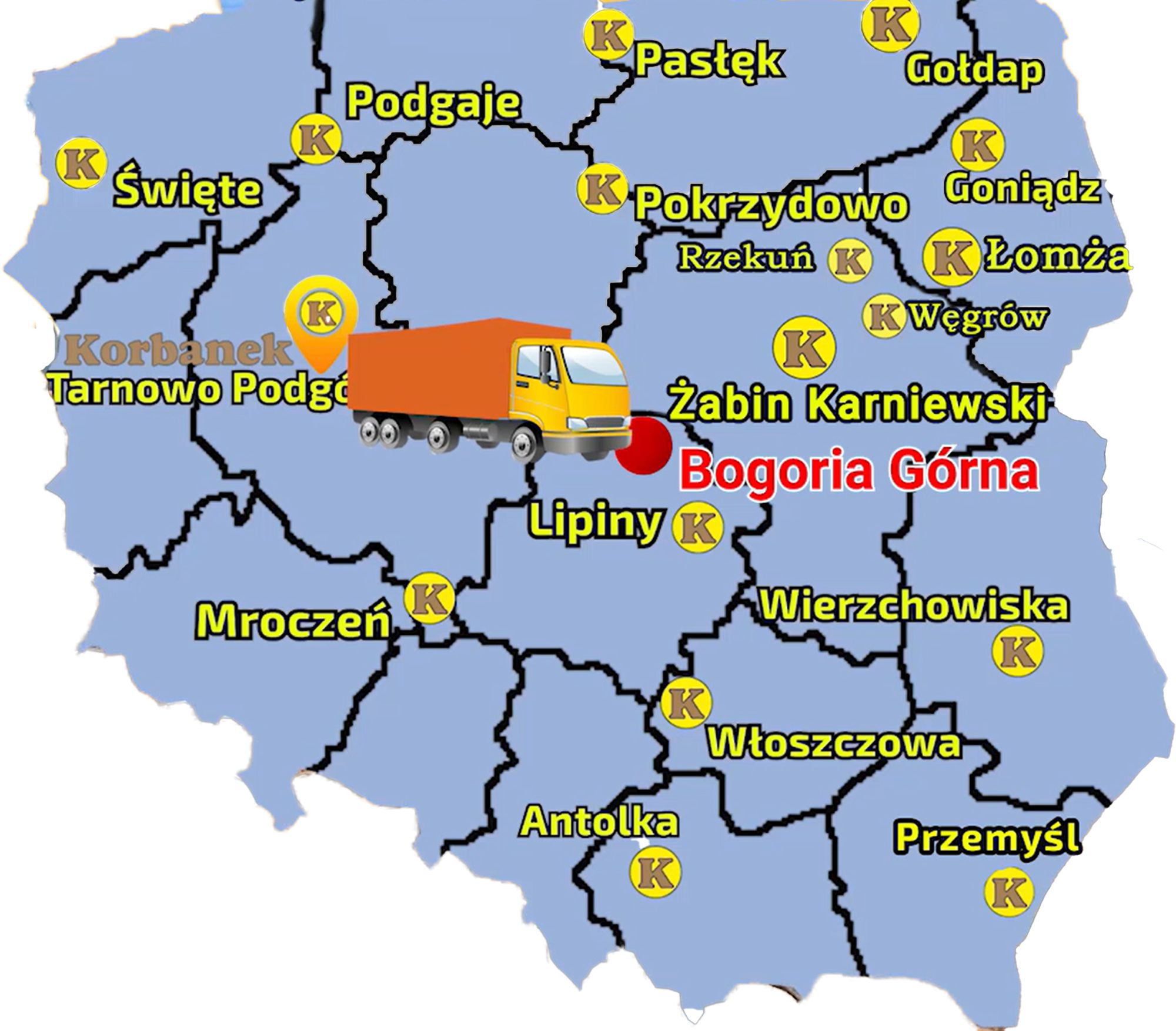 Mapa przedstawiająca sieć sprzedaży Korbanek i zaznaczoną miejscowośc gdzie do Klienta został diostarczony Agrisem
