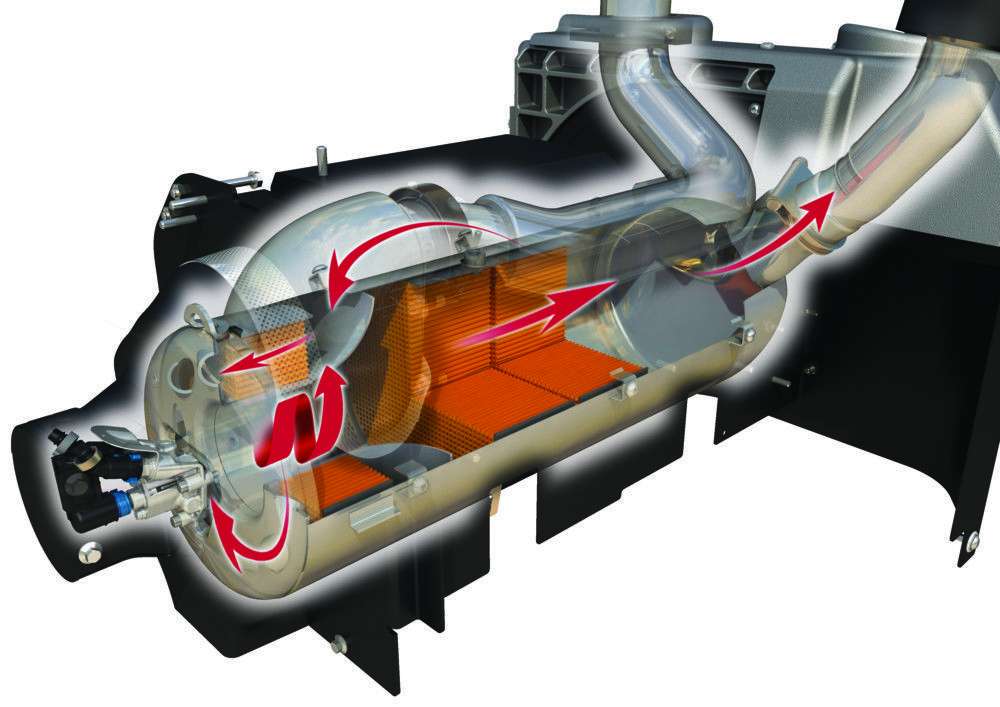 Kompletny system oczyszczania zawarty jest w nowatorskim systemie ciągnika Massey Ferguson serii 5700 spaliny opuszczają turbosprężarkę, trafiają do kompaktowej jednostki SCR 
