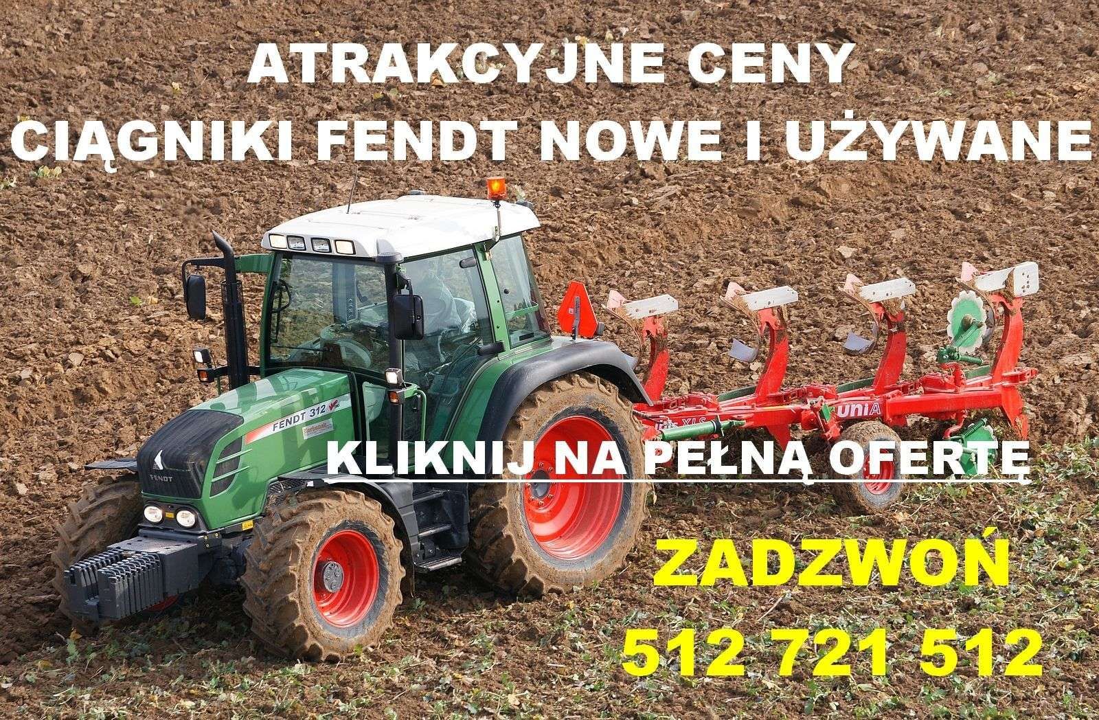Reklama atrakcyjne ceny ciagniki Fendt biały napis na tle ciagnika Fendt podczas pracy w polu