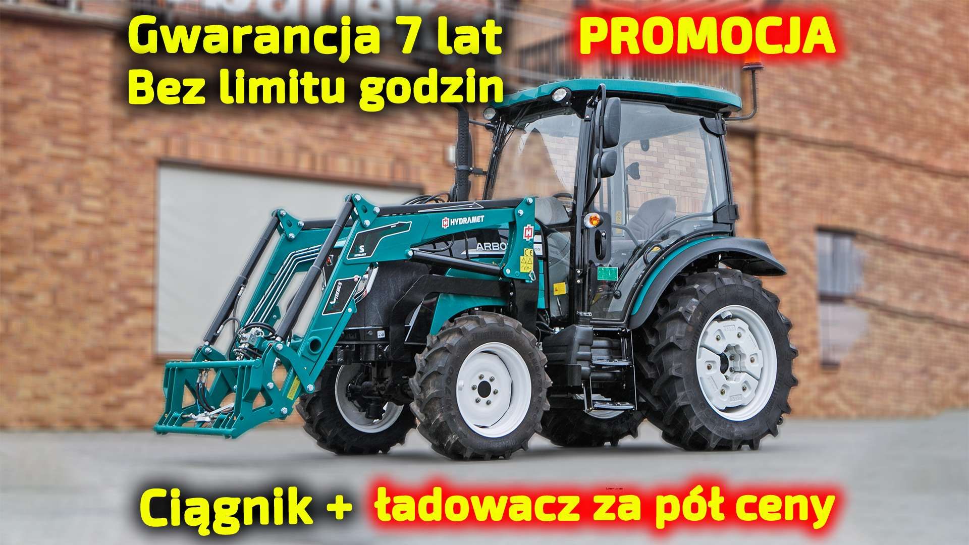 Ciągnik rolniczy Arbos 3055 z ładowaczem widok przodu z lewej strony