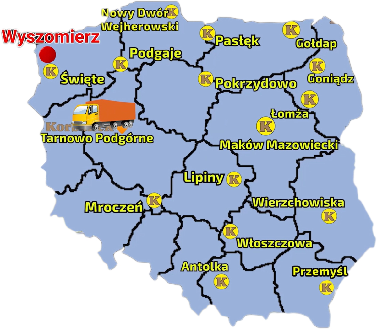 Mapa ukazujaca punkty sprzedaży sieci Korbanek i zaznaczoną miejscowośc, gdzie nastapiła dostawa prasy do klienta