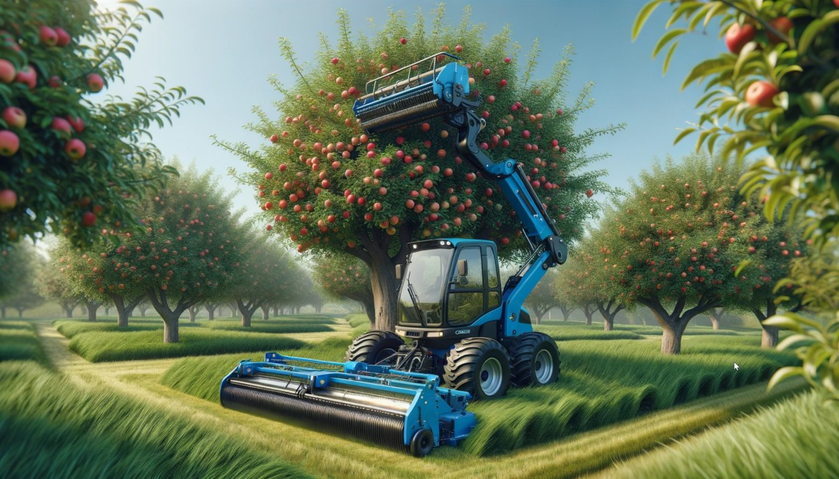 Ładowarka pracująca w sadzie z jabłkami - maszyny sadownicze