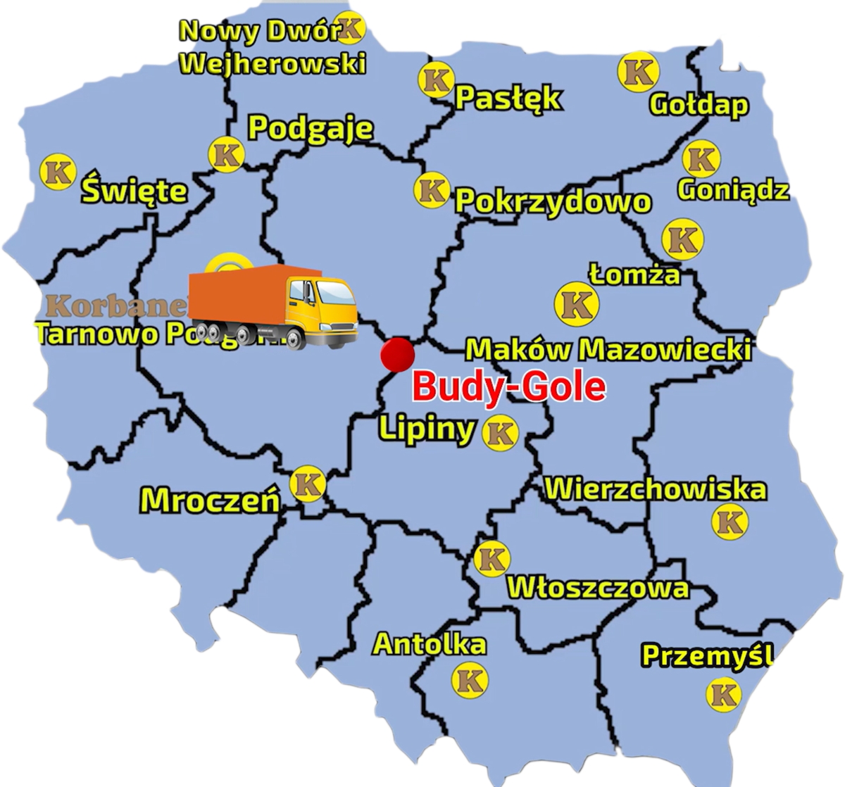 Mapa ukazujące sieć sprzedazy Korbanek w Polsce i miejscowość gdzie do Pana Grzegorza został dostarczony siewnik Monosem