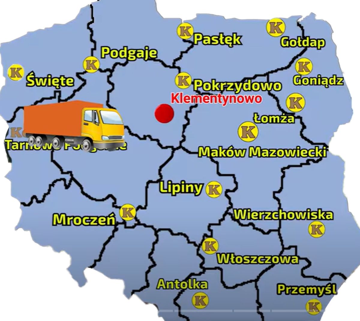 Mapa przedstawiajaca sieć sprzedaży Korbanek i miesjcowośc, gdzie znajduje się firma Klienta