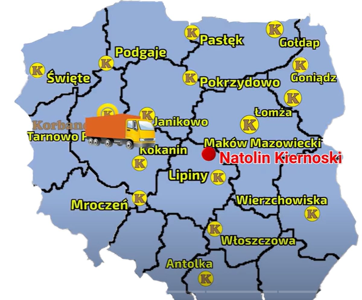 Mapa przedstawiająca pkt sieci sprzeaży Korbanek i miejscowośc, gdzie został doastarczny rozsiewacz