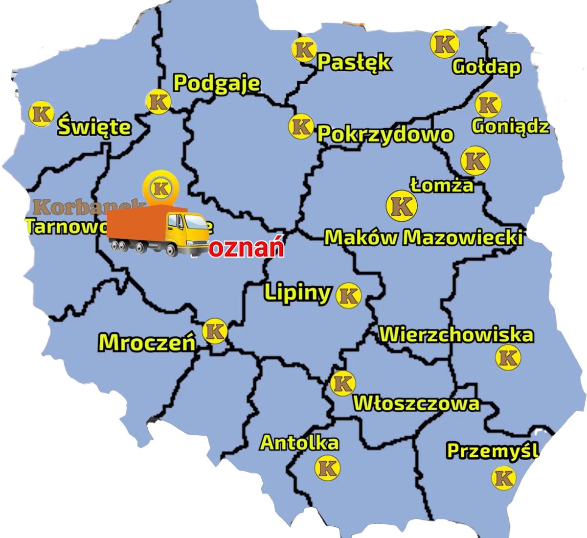 Mapa przedstawiająca sieć sprzedaży Korbanek i miejscie, gdzie do klienta został dostarczony Arbos 3065