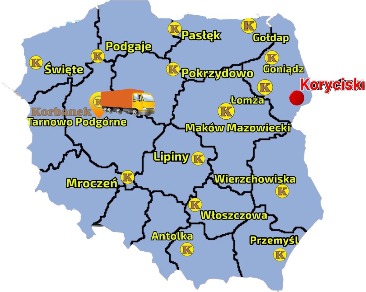 Mapa ukazujaca sieć sprzedaży Korbanek i miejscowość do której został dostarczony Arbos 3065