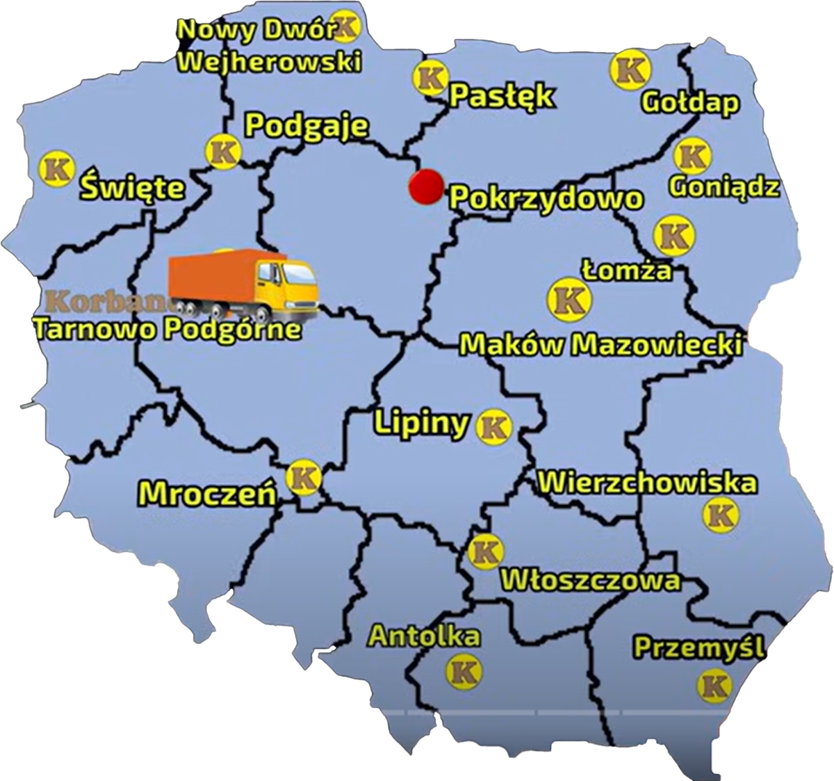 Mapa przedstawiajaca sieć sprzedaży Korbanek i miejscowość, gdzie do Klienta została dostarczona prasa