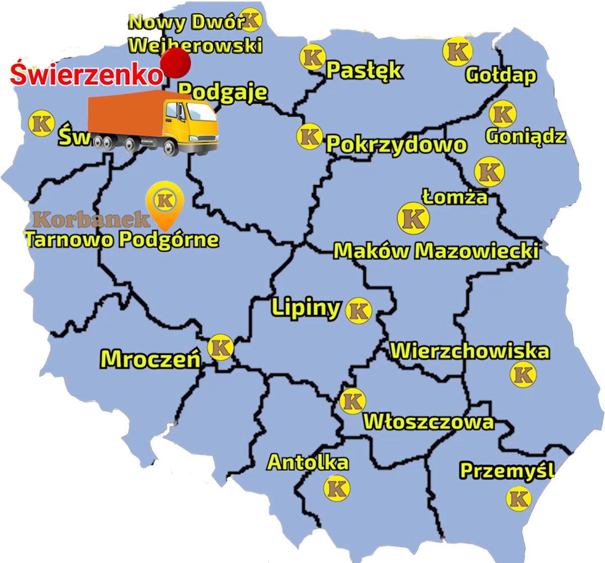 Mapa prezentująca punkty sprzedaży sieci Korbanek i miejscowość, gdzie został dostarczony kombajn Nova 330