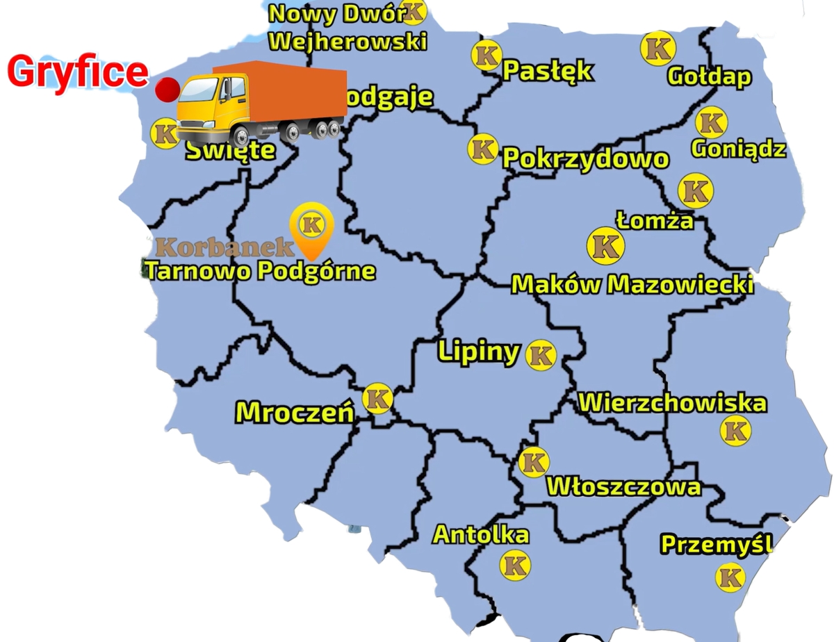 Mapa z zaznaczonymi pkt sprzedazy Korbanek i miesjcowścią gdzie do Pana Sławomira została dostarczona ładowarka Weycor