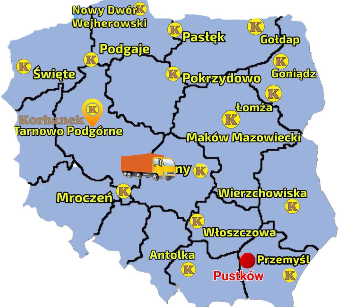 Mapa zawierająca punkty sprzedaży sieci Korbanek i miejscowość gdzie zostal dostarczony ciagnik Arbos 2025 do Klienta