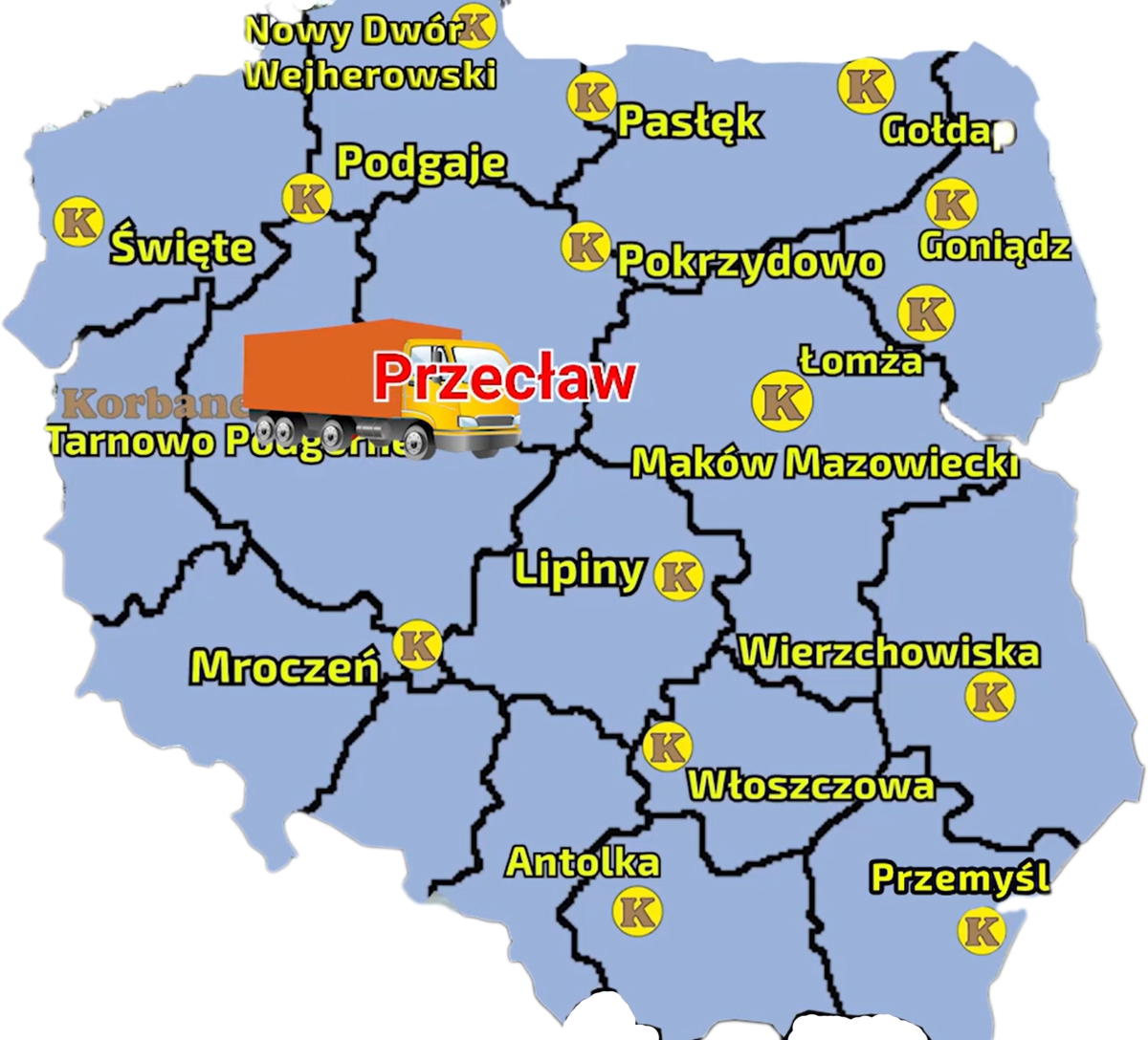 Mapa przedstawiajaca strukturę sieci Korbanek wraz z zaznaczoną miejscowością, gdzie do Klienta został dostarczony Arbos 3055