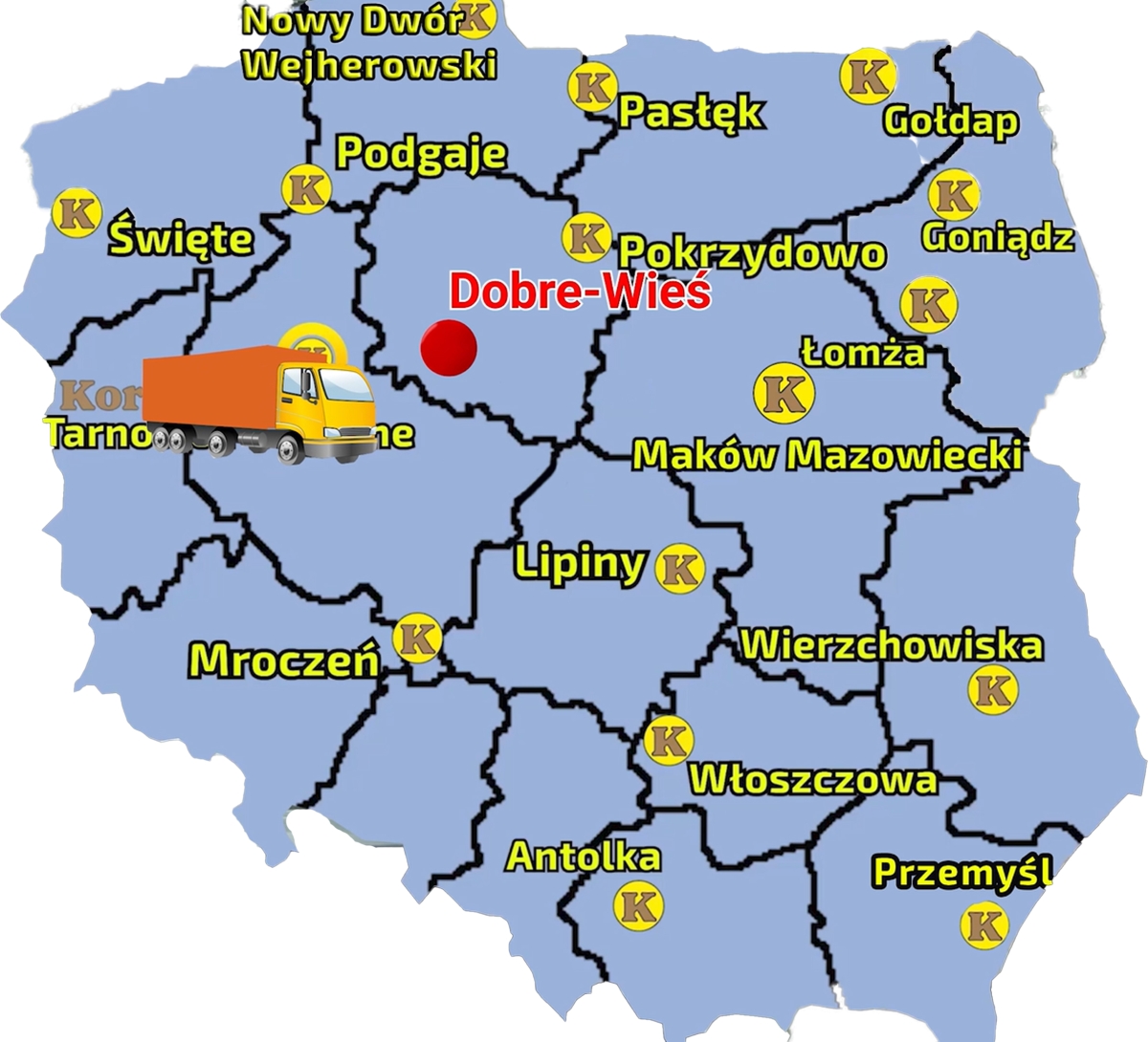 Mapa przedstawiająca sieć sprzedaży Korbanek w Polsce i miejscowość gdzie do klientów została dostarczona kosiarka Talex