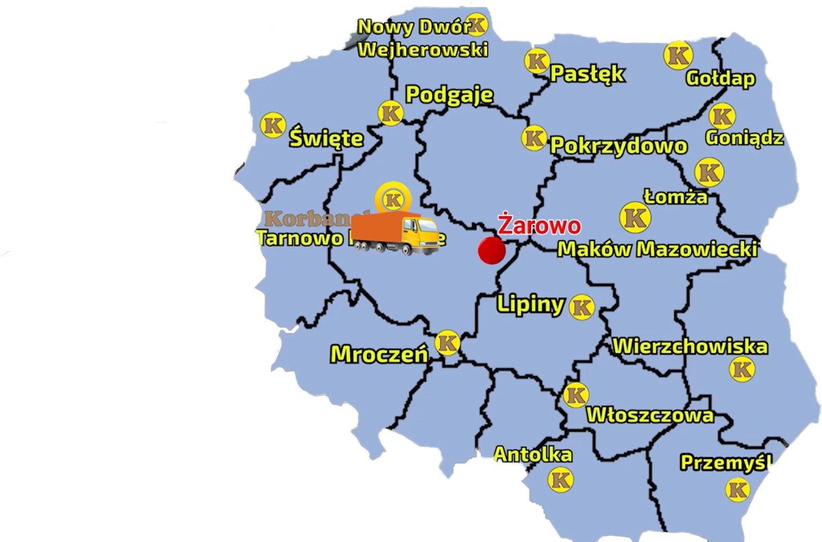 Mapa z zaznaczonymi pkt sprzedaży sieci Korbanek i miejscowości, gdzie do klientów został dostarczony ciągnik Arbos 3075