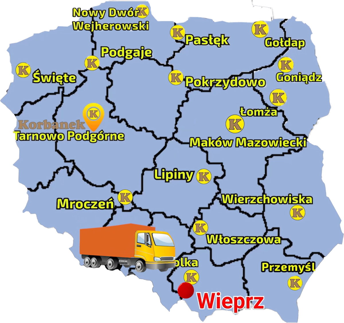 Mapa z zaznaczonym pkt sprzedaży sieci Korbanek i miejscowością, gdzie do Klienta został dostarczony MultiOne 5.3 k