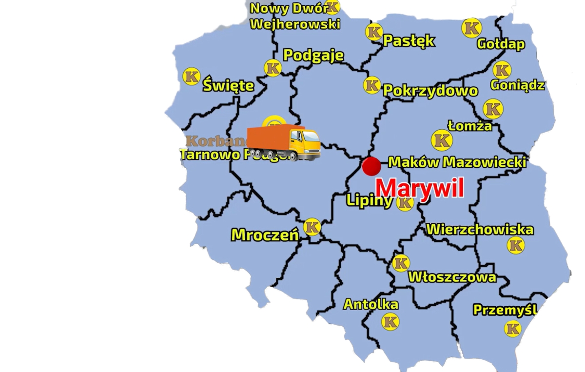 Mapa z zaznaczonymi punktami sprzedazy sieci Korbanek i miesjcowością, gdzie do Klientów został dostarczony opryskiwacz Tolmet