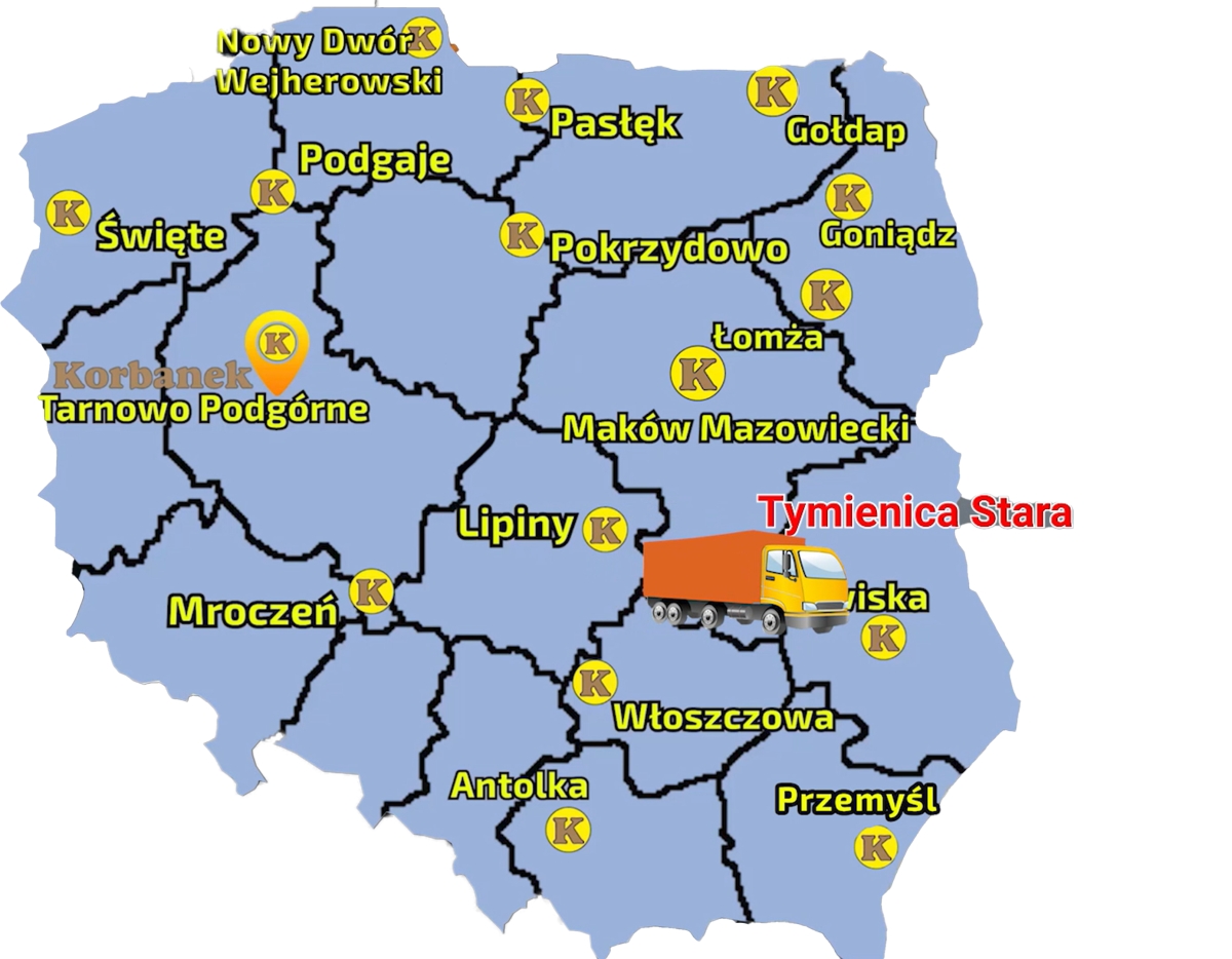 Zdjęcie zawierające mapę sprzedaży sieci Korbanek wraz z zaznaczoną miejscowością, gdzie do Klienta została dostarczona koparka Lovol FR 18