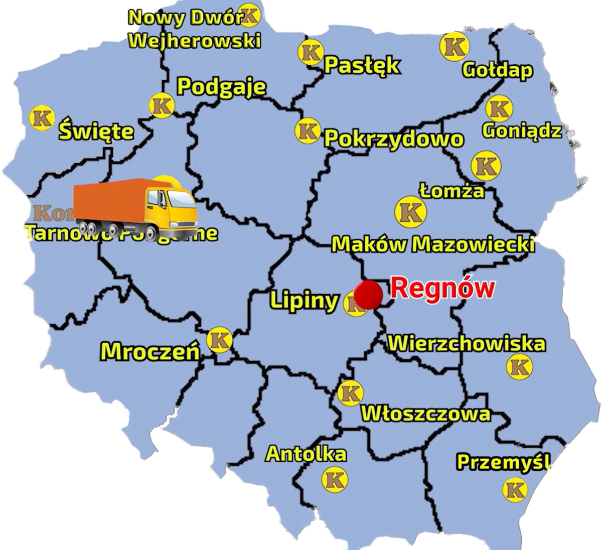 Mapa prezentująca punkty sprzedaży sieci Korbanek i miejscowość, gdzie do Klienta został dostarczony ciagnik Arbos 2040