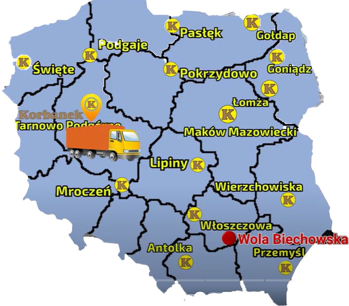 Mapa punktów sprzedazy  sieci Korbanek z zazanaczona miejscowością gdzie nastapiła dostawa Monosema