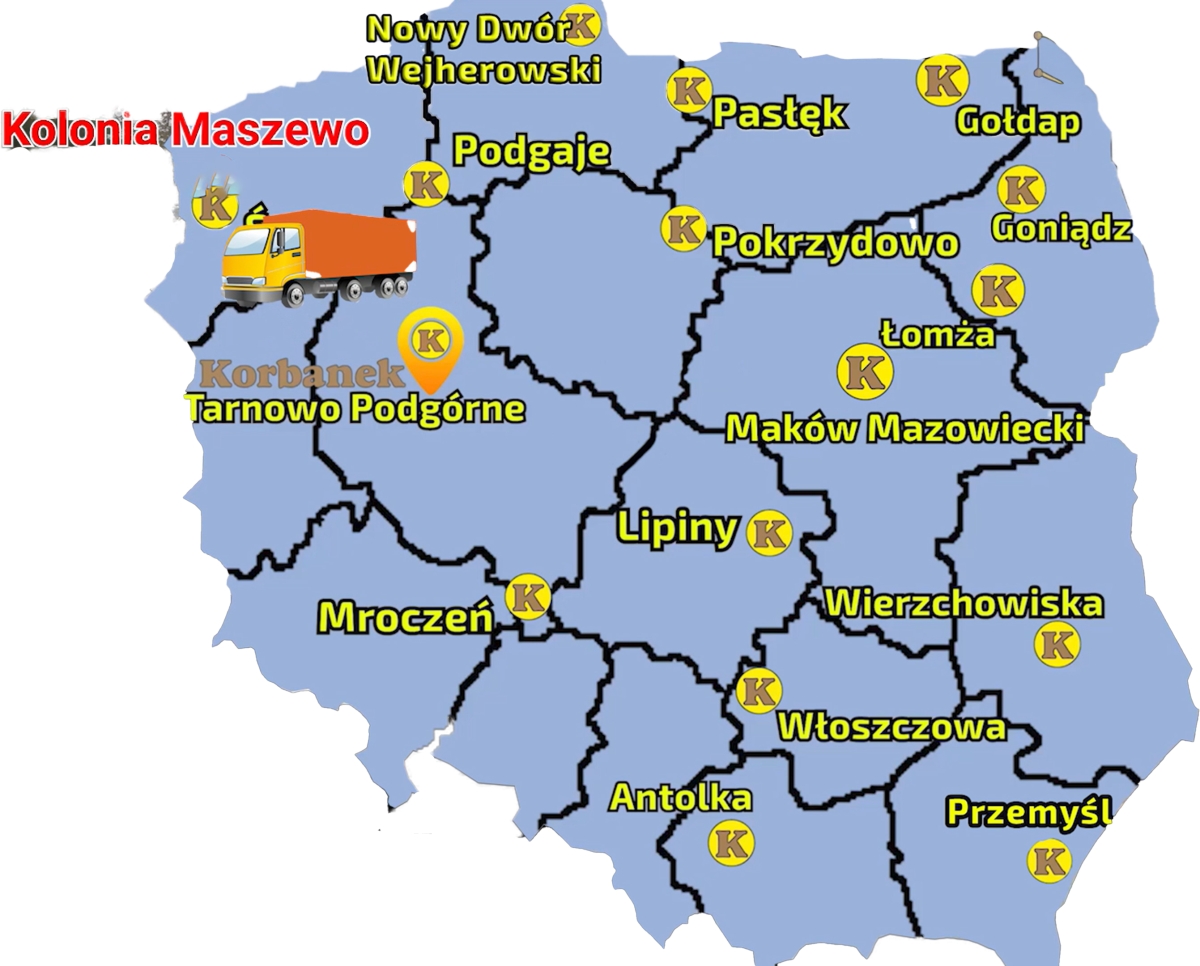 Mapa zawierająca punkty sprzedaży maszyn rolniczych Korbanek i miejsce gdzie do klienta został dostarczony rozrzutnik Apollo 16